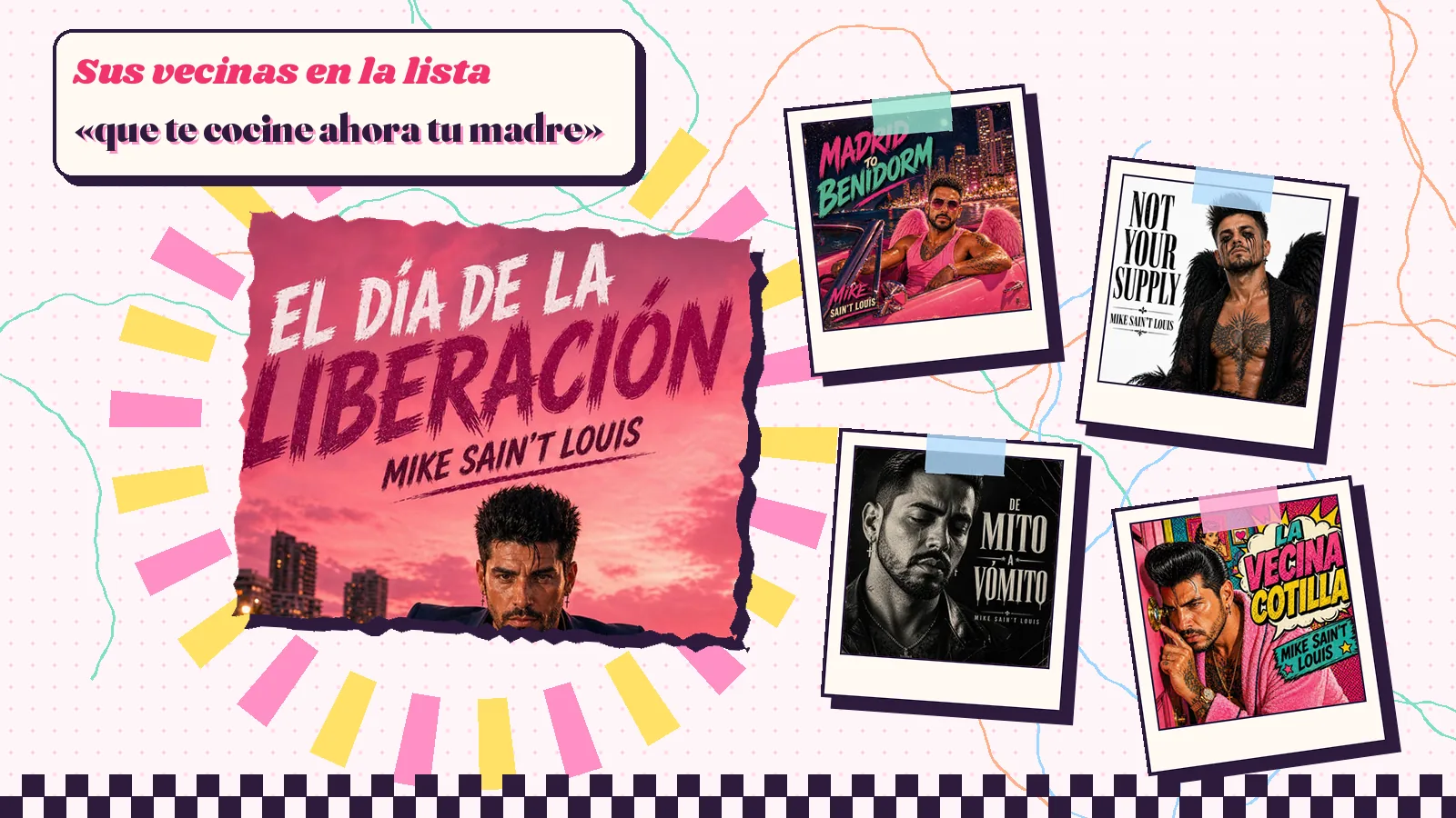 Collage with a detail of the «El día de la liberación» cover art and the covers of «Madrid to Benidorm», «Not your supply», «De mito a vómito» and «La vecina cotilla»
