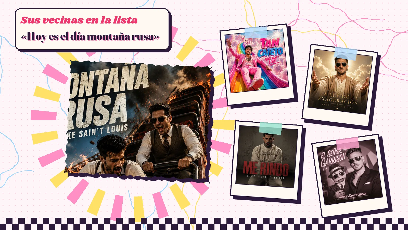 Collage con un detalle de la carátula de «Montaña rusa» y las carátulas de «Tan cateto», «La ley de la exageracion», «Me rindo», «El señor Garrison»