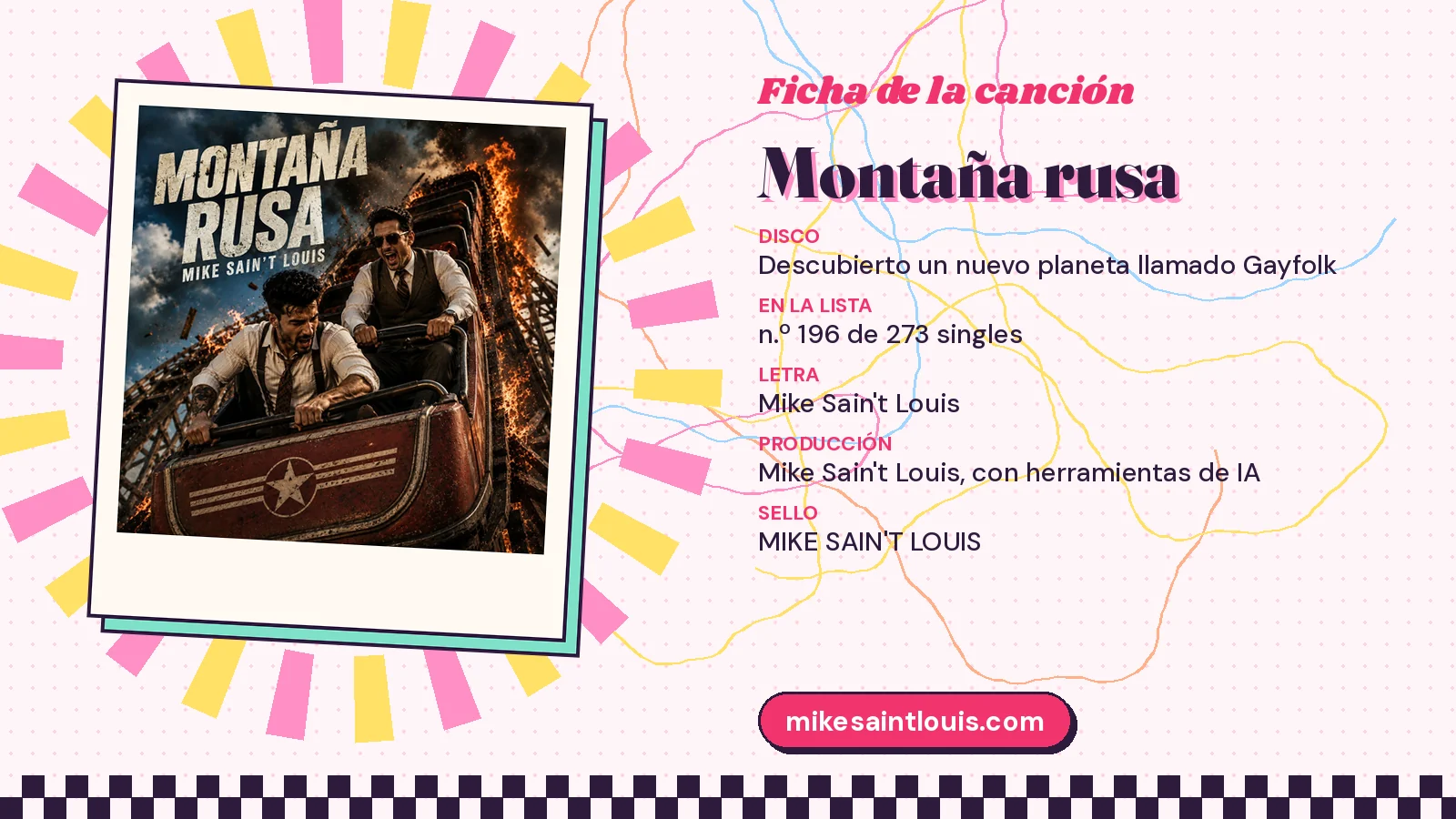 Ficha de la canción «Montaña rusa» con su carátula: disco «Descubierto un nuevo planeta llamado Gayfolk», letra y producción de Mike Sain't Louis