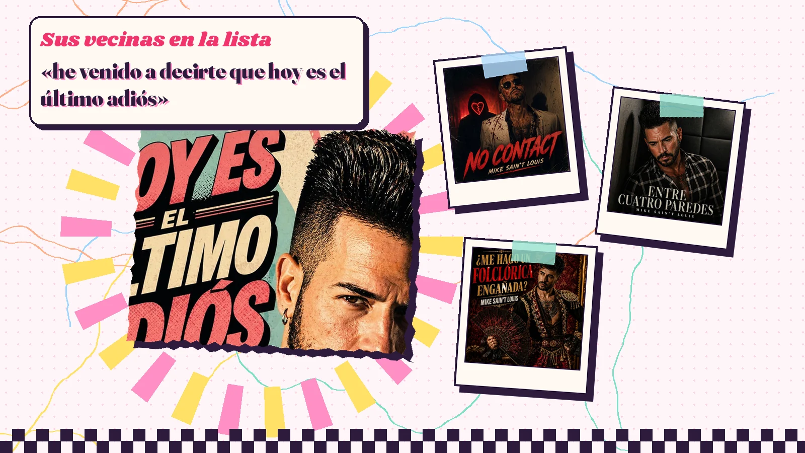 Collage with a detail of the «Hoy es el último adiós» cover art and the covers of «No Contact», «Entre cuatro paredes» and «¿Me Hago un FolclóRica EngañAda?»