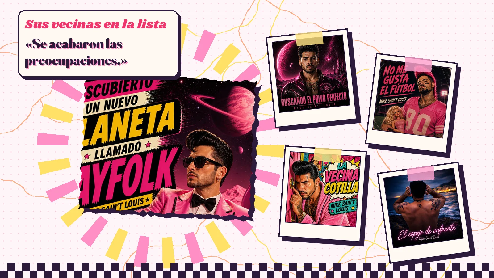 Collage with a detail of the «Descubierto un nuevo planeta llamado Gayfolk» cover art and the covers of «Buscando el polvo perfecto», «No me gusta el fútbol», «La vecina cotilla» and «El espejo de enfrente»