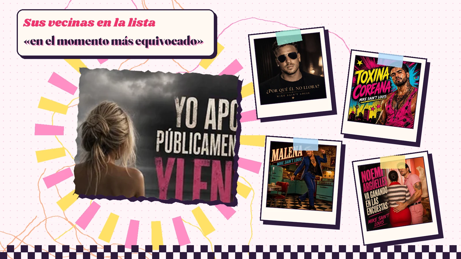Collage con un detalle de la carátula de «Yo Apoyo Públicamente a Ylenia Padilla» y las carátulas de «¿Por Qué Él No Llora?», «Toxina Coreana», «Malena», «Noemí Argüelles va ganando en las encuestas»