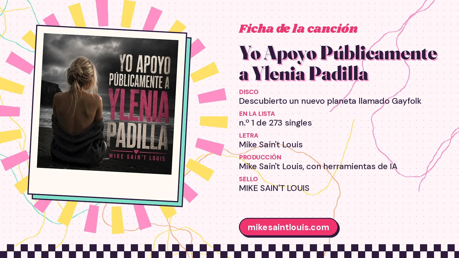 Ficha de la canción «Yo Apoyo Públicamente a Ylenia Padilla» con su carátula: disco «Descubierto un nuevo planeta llamado Gayfolk», letra y producción de Mike Sain't Louis