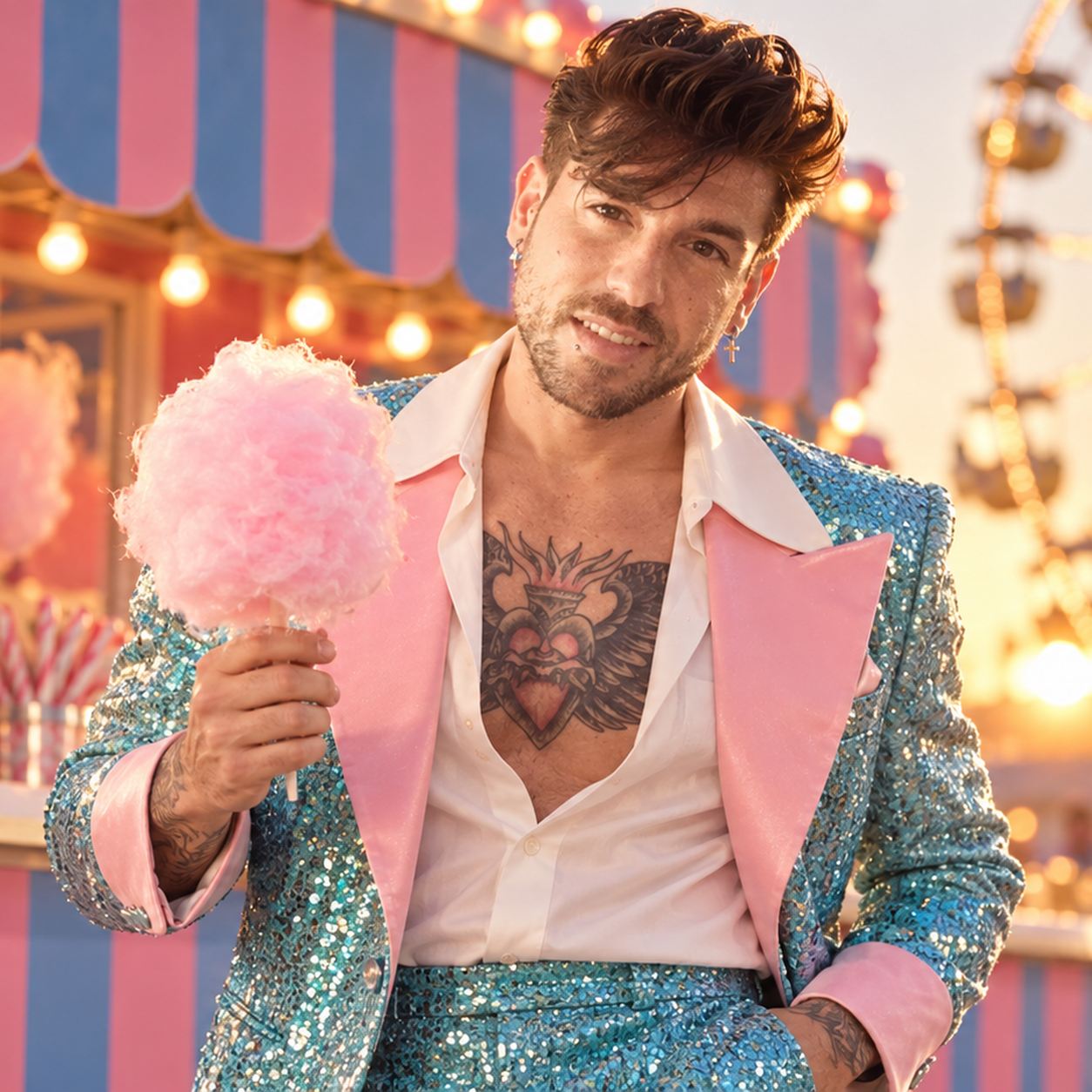 Mike Sain't Louis con traje de lentejuelas turquesa y solapas rosas sujetando un algodón de azúcar en una feria