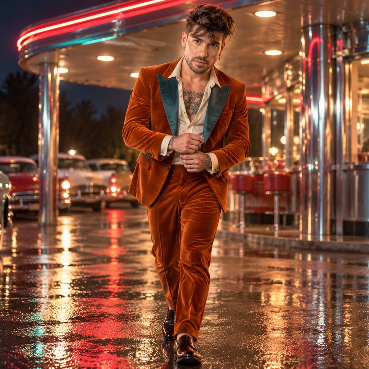 Mike Sain't Louis con traje de terciopelo teja caminando de noche sobre el asfalto mojado frente a un diner de neón