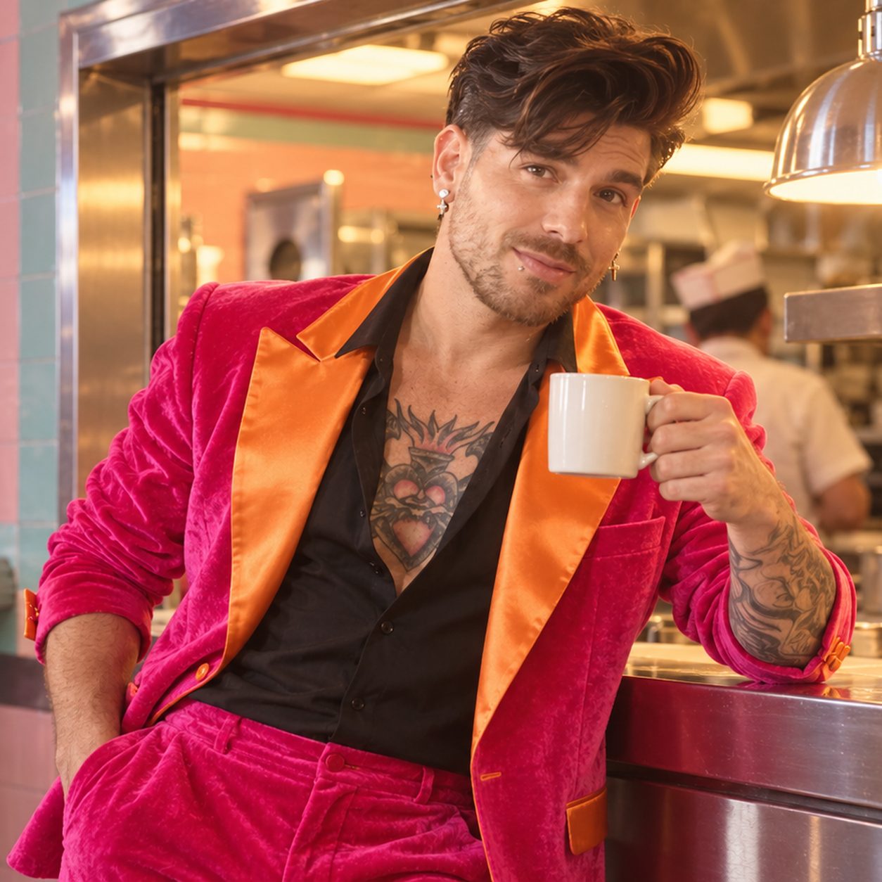 Mike Sain't Louis con traje de terciopelo fucsia y solapas naranjas tomando café en la barra de un diner