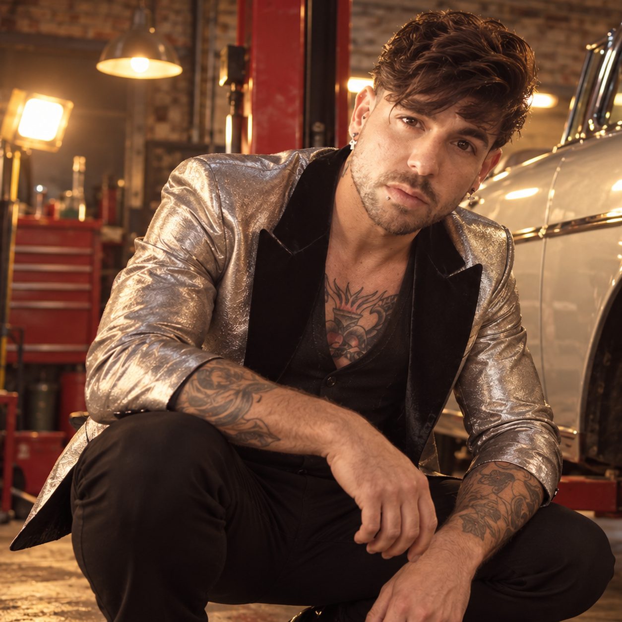 Mike Sain't Louis con chaqueta metalizada plateada agachado junto a un coche clásico cromado en un garaje