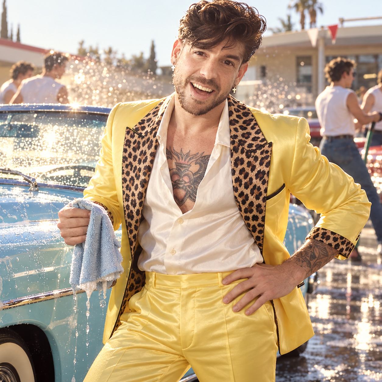 Mike Sain't Louis con traje amarillo y solapas de leopardo junto a un coche clásico azul en un lavado de coches