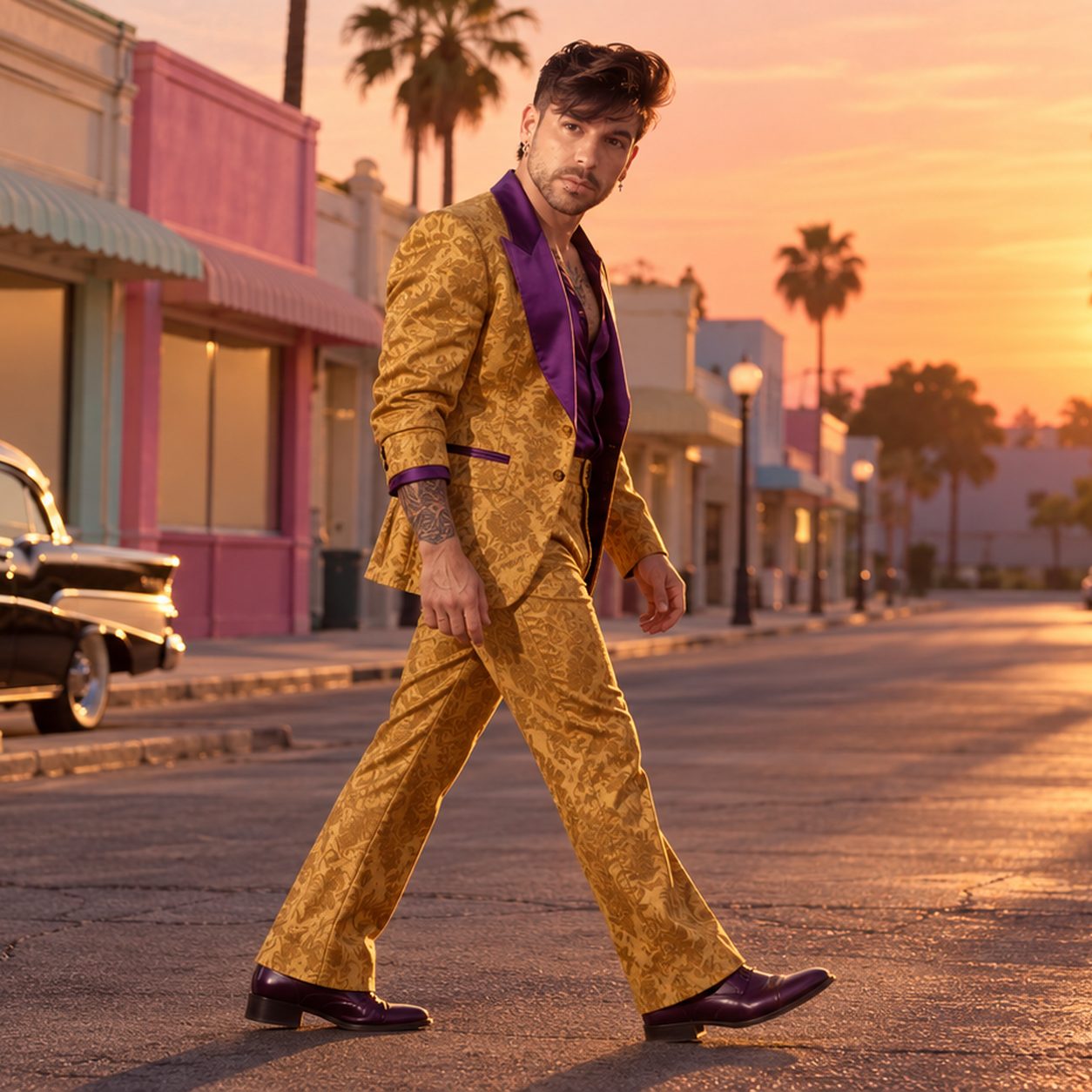 Mike Sain't Louis con traje dorado y camisa morada caminando por una calle con palmeras al atardecer