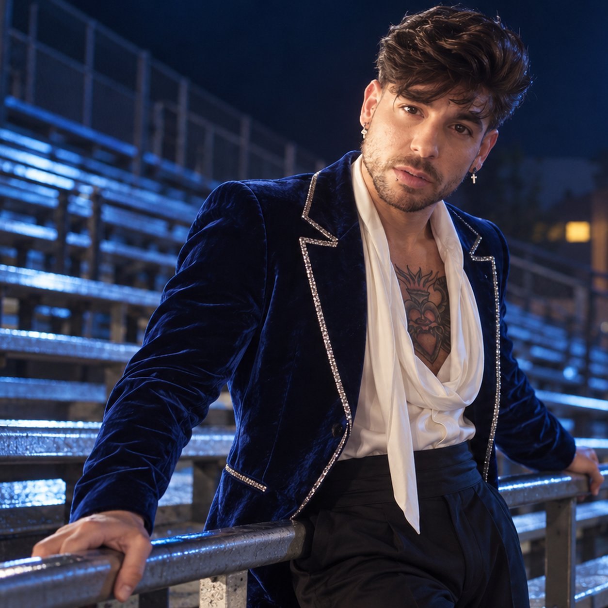 Mike Sain't Louis con chaqueta de terciopelo azul y pañuelo blanco apoyado en la barandilla de un estadio de noche