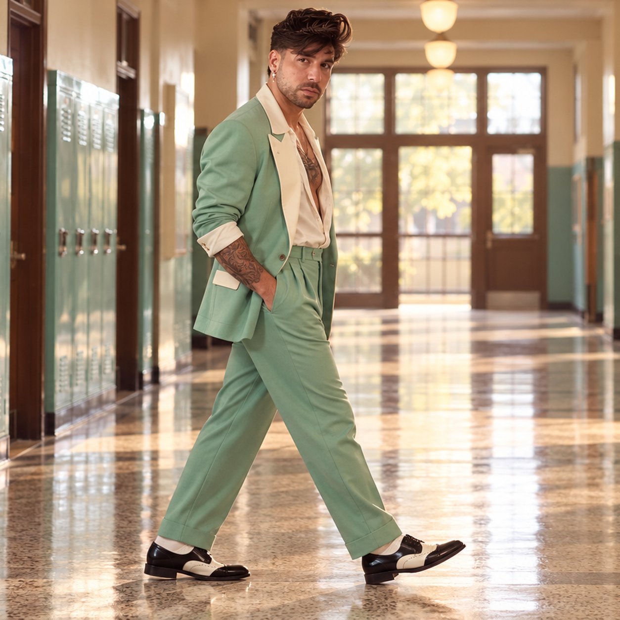 Mike Sain't Louis con traje verde menta caminando por el pasillo de un instituto con taquillas