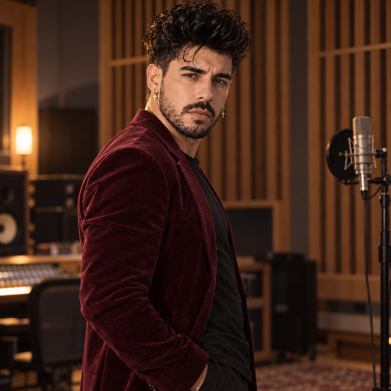 Mike Sain't Louis con americana de terciopelo burdeos de pie en un estudio de grabación