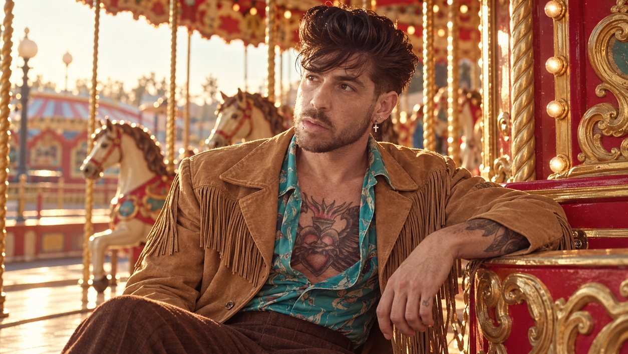 Mike Sain't Louis con chaqueta de flecos marrón y camisa turquesa sentado en un carrusel (serie 100 fotos retro, n.º 053, en color)