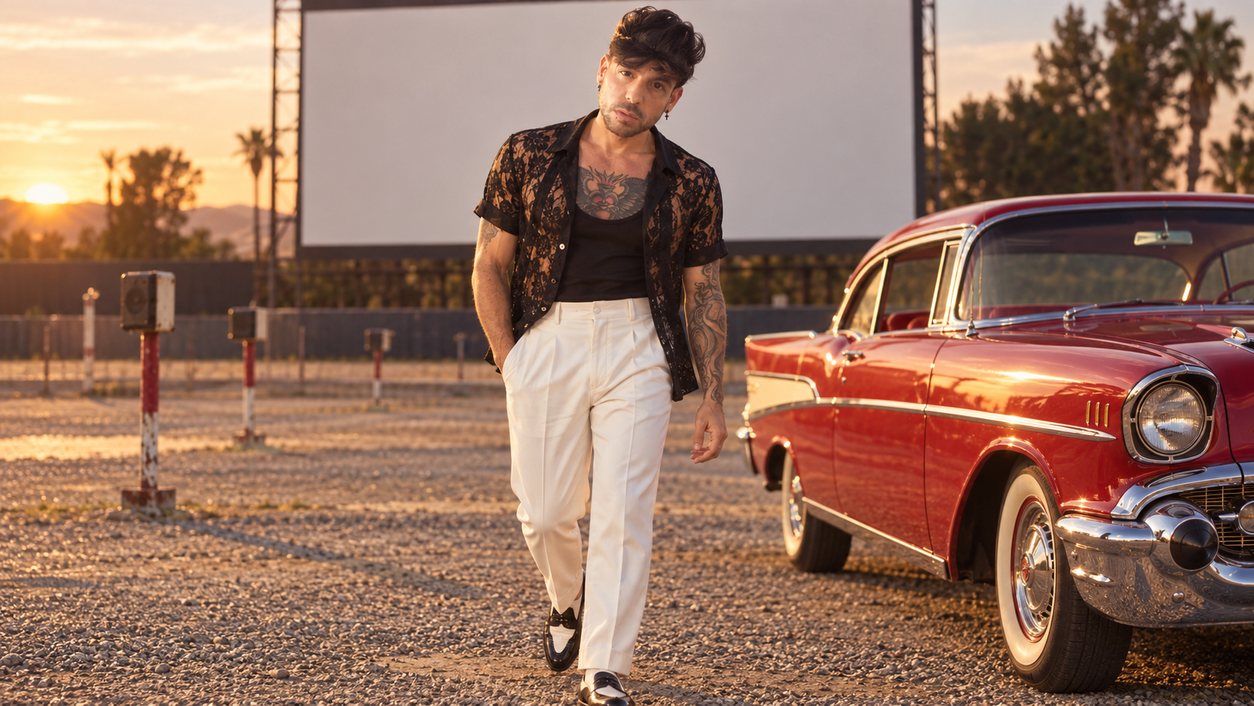Mike Sain't Louis con camisa estampada oscura y pantalón blanco en un autocine junto a un coche clásico rojo (serie 100 fotos retro, n.º 059, en color)