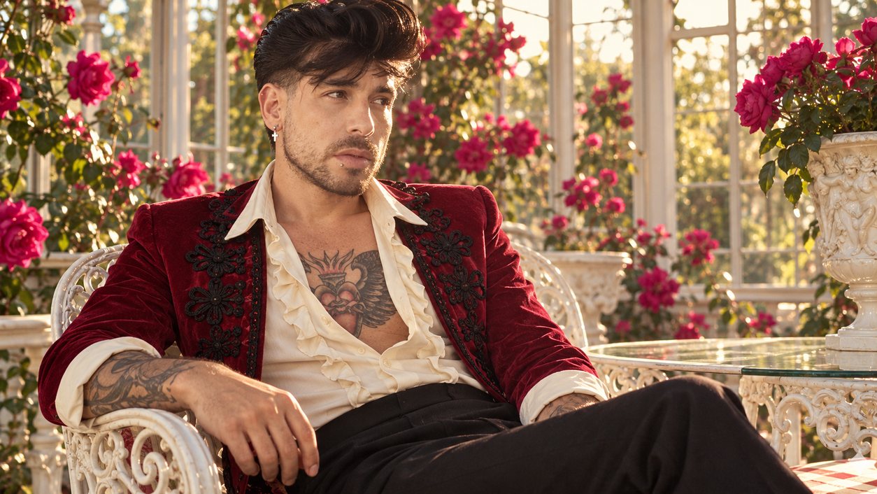 Mike Sain't Louis con chaqueta de terciopelo rojo bordada sentado en un banco de hierro blanco entre rosas (serie 100 fotos retro, n.º 060, en color)