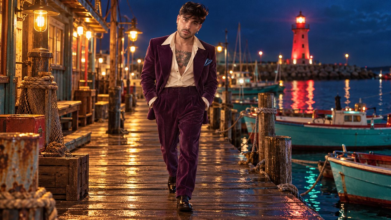 Mike Sain't Louis con traje burdeos caminando de noche por un muelle con un faro rojo (serie 100 fotos retro, n.º 062, en color)