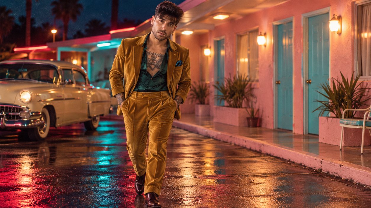 Mike Sain't Louis con traje mostaza caminando de noche frente a un motel rosa sobre el asfalto mojado (serie 100 fotos retro, n.º 067, en color)