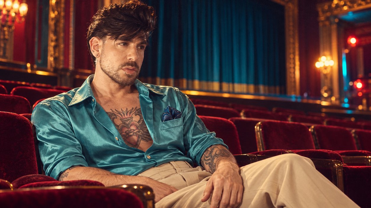 Mike Sain't Louis con camisa satinada turquesa recostado en las butacas rojas de un teatro (serie 100 fotos retro, n.º 068, en color)