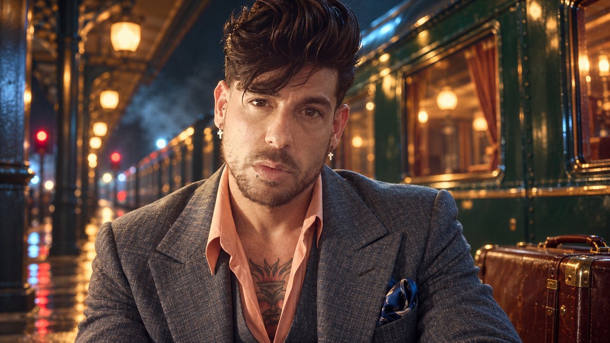 Mike Sain't Louis con americana gris y camisa coral de noche en un andén junto a un tren verde (serie 100 fotos retro, n.º 069, en color)