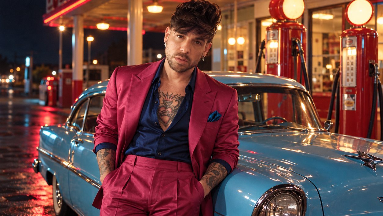 Mike Sain't Louis con traje fucsia junto a surtidores rojos y un coche clásico azul de noche (serie 100 fotos retro, n.º 075, en color)