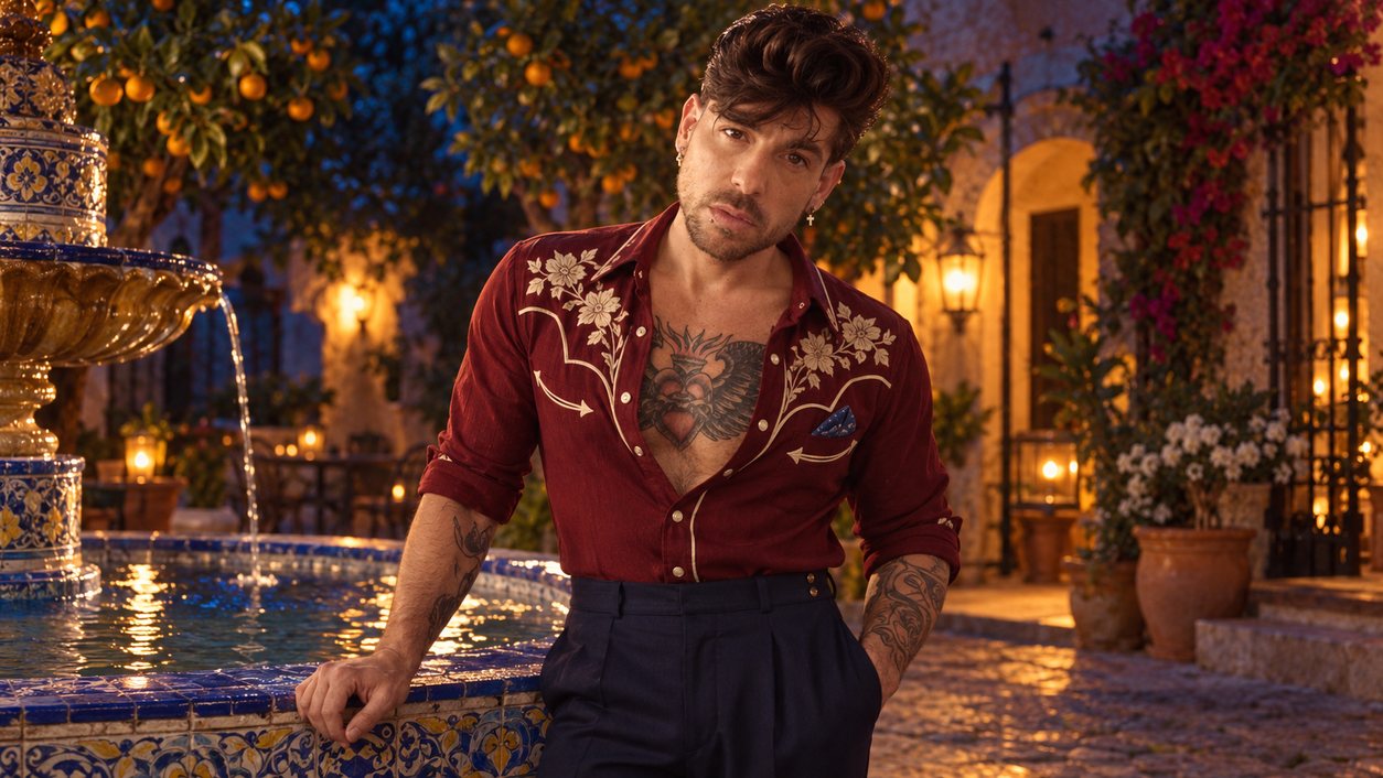 Mike Sain't Louis con camisa granate de bordados western junto a una fuente de azulejos de noche (serie 100 fotos retro, n.º 077, en color)