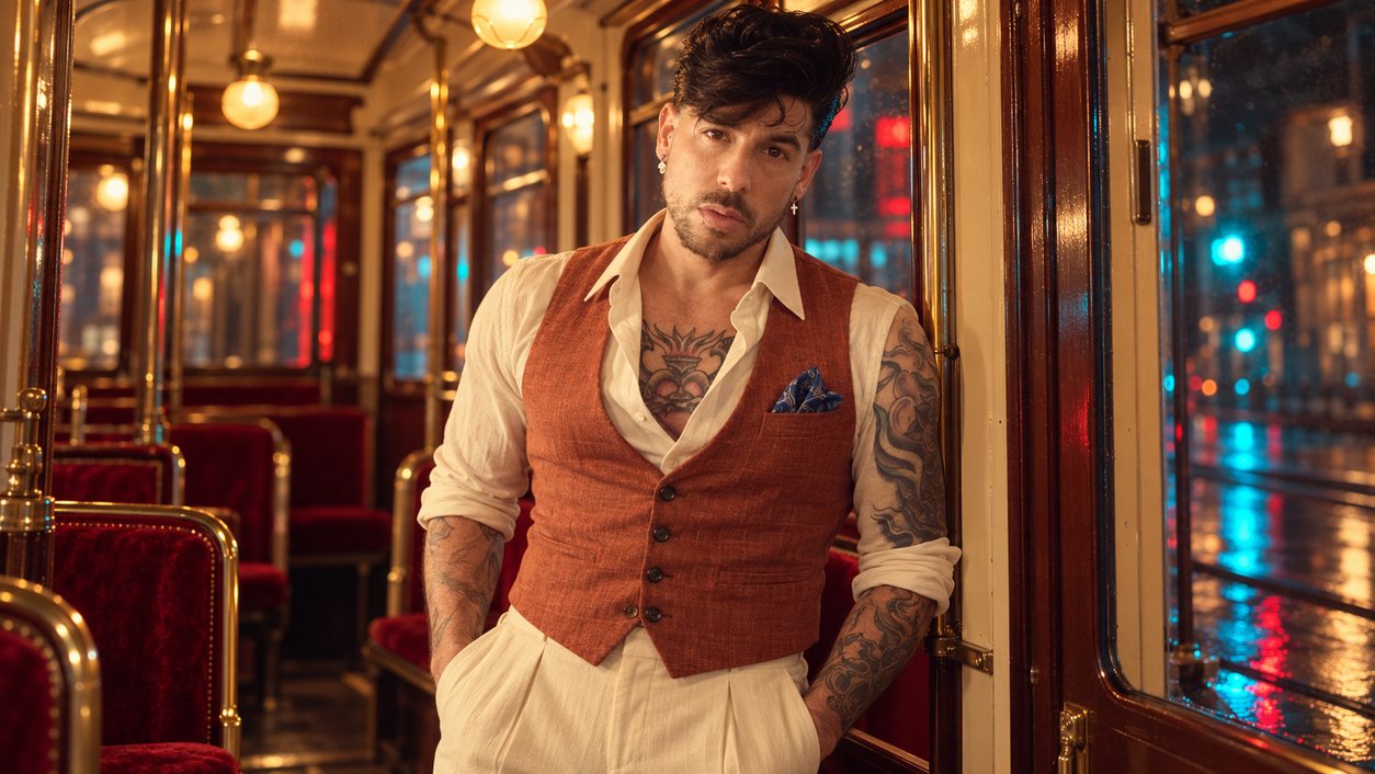 Mike Sain't Louis con chaleco teja y camisa blanca en un vagón de tren con asientos rojos de noche (serie 100 fotos retro, n.º 080, en color)