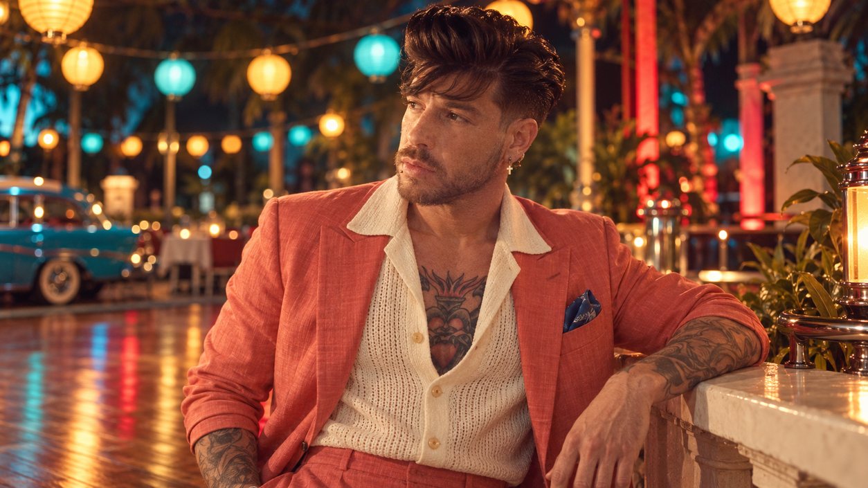 Mike Sain't Louis con americana coral y camisa crema en una terraza nocturna con farolillos (serie 100 fotos retro, n.º 081, en color)