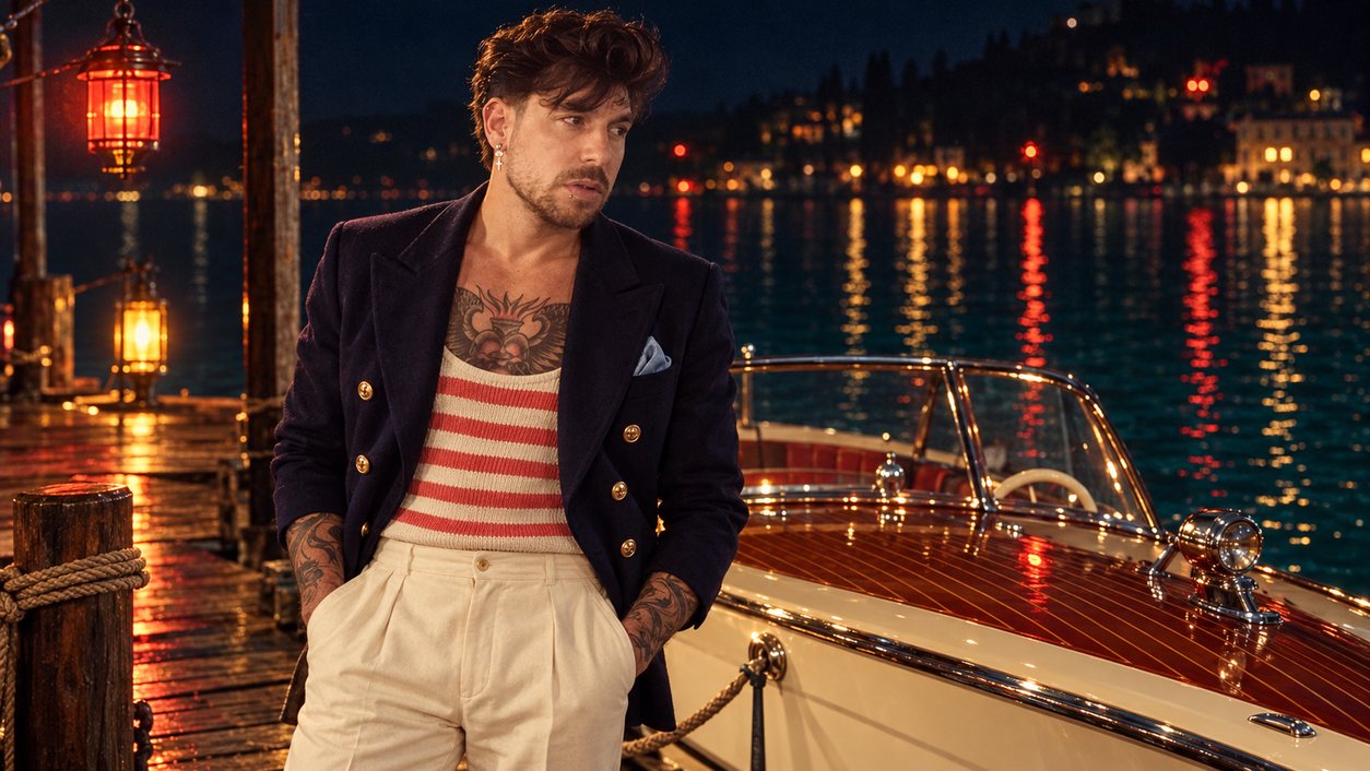 Mike Sain't Louis con chaqueta azul marino y camiseta de rayas junto a una lancha de madera en un puerto de noche (serie 100 fotos retro, n.º 082, en color)