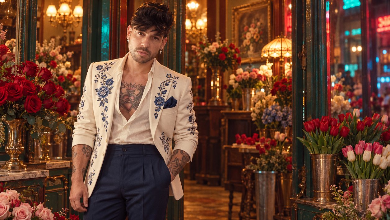 Mike Sain't Louis con chaqueta blanca bordada en azul en una floristería con rosas y tulipanes de noche (serie 100 fotos retro, n.º 085, en color)