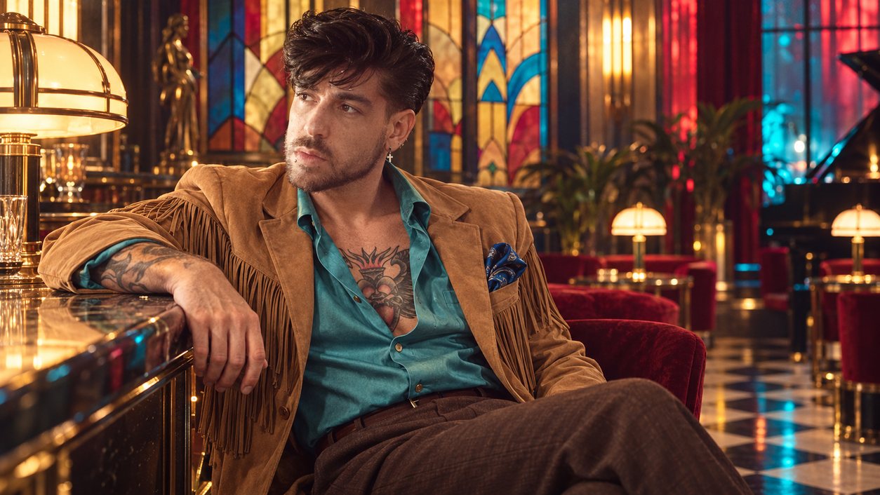 Mike Sain't Louis con chaqueta de ante camel y camisa turquesa apoyado en la barra de un bar con vidrieras (serie 100 fotos retro, n.º 086, en color)