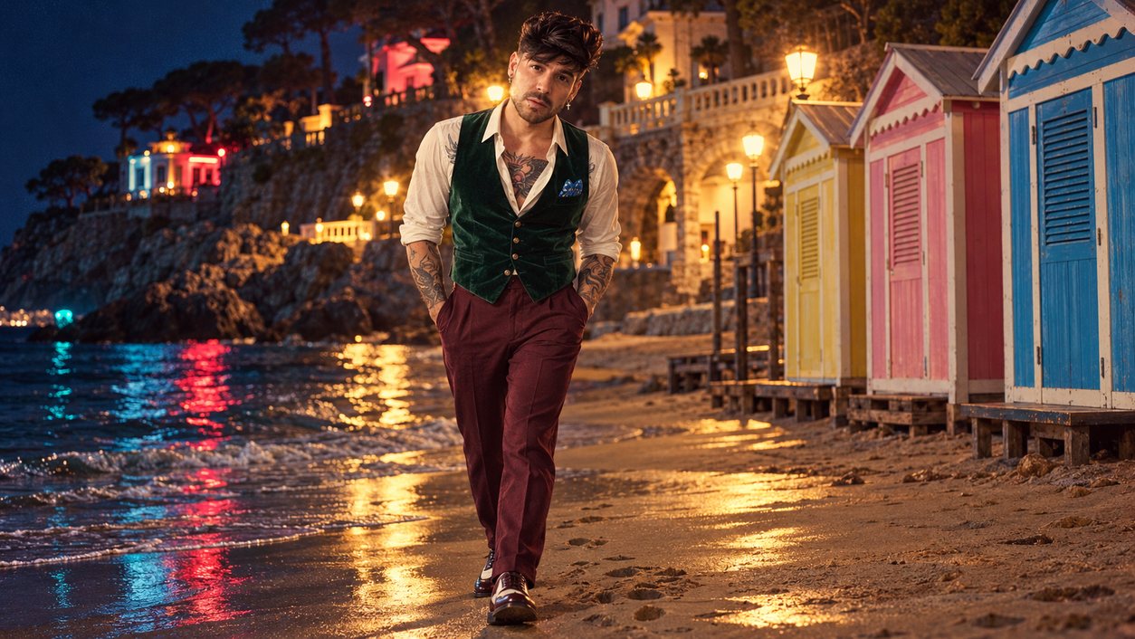 Mike Sain't Louis con chaleco verde y pantalón burdeos caminando de noche por una playa con casetas de colores (serie 100 fotos retro, n.º 087, en color)