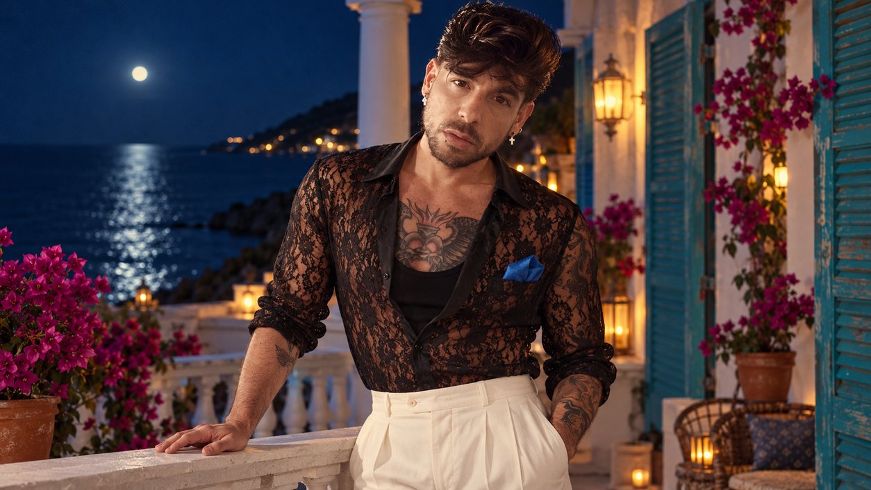 Mike Sain't Louis con camisa de encaje negro y pantalón blanco en una terraza con buganvillas bajo la luna sobre el mar (serie 100 fotos retro, n.º 092, en color)