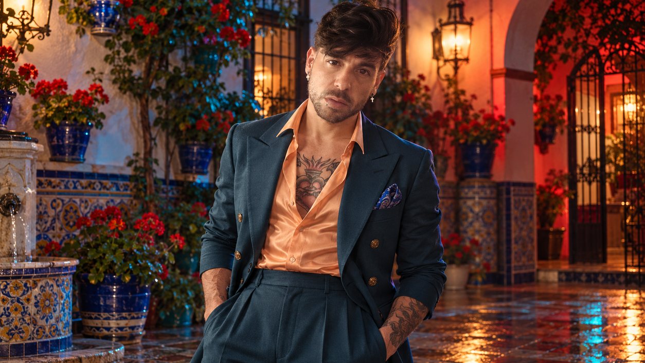 Mike Sain't Louis con traje azul petróleo y camisa salmón en un patio de azulejos con geranios de noche (serie 100 fotos retro, n.º 095, en color)