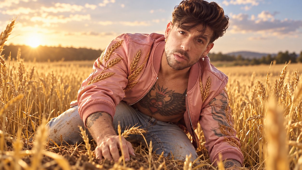 Mike Sain't Louis con cazadora rosa bordada agachado en un campo de trigo al atardecer (serie Tupé Grease, n.º 049)