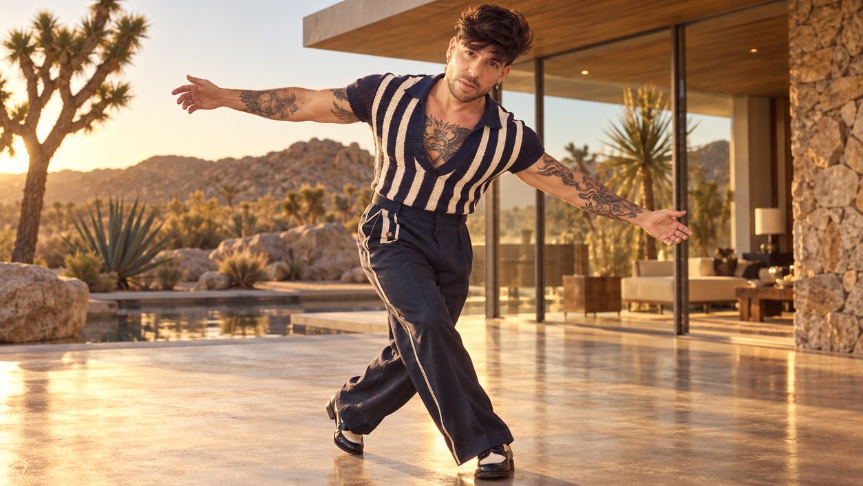 Mike Sain't Louis con camiseta de rayas y pantalón azul marino bailando en la terraza de una casa moderna del desierto (serie Tupé Grease, n.º 050)