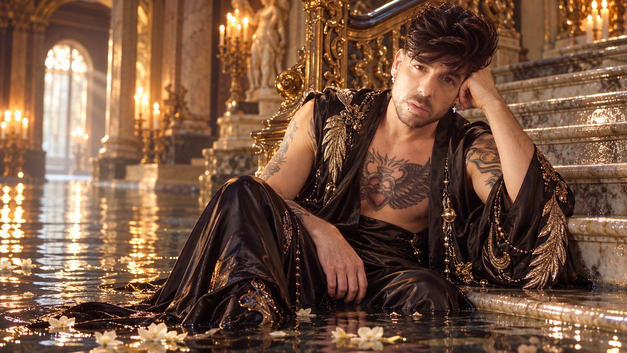 Mike Sain't Louis con kimono negro y dorado sentado en la escalinata de mármol de un palacio con el suelo encharcado y pétalos (serie Tupé Grease, n.º 051)