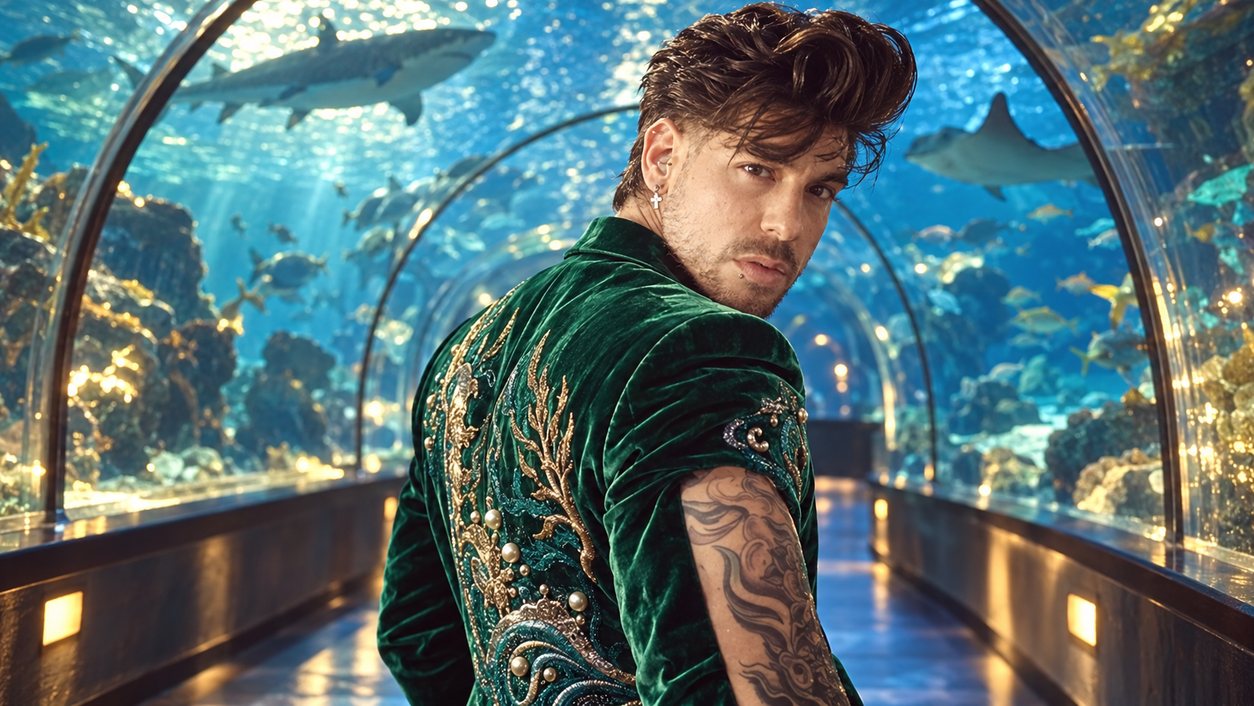 Mike Sain't Louis con chaqueta de terciopelo verde bordada en un túnel de acuario con tiburones (serie Tupé Grease, n.º 052)