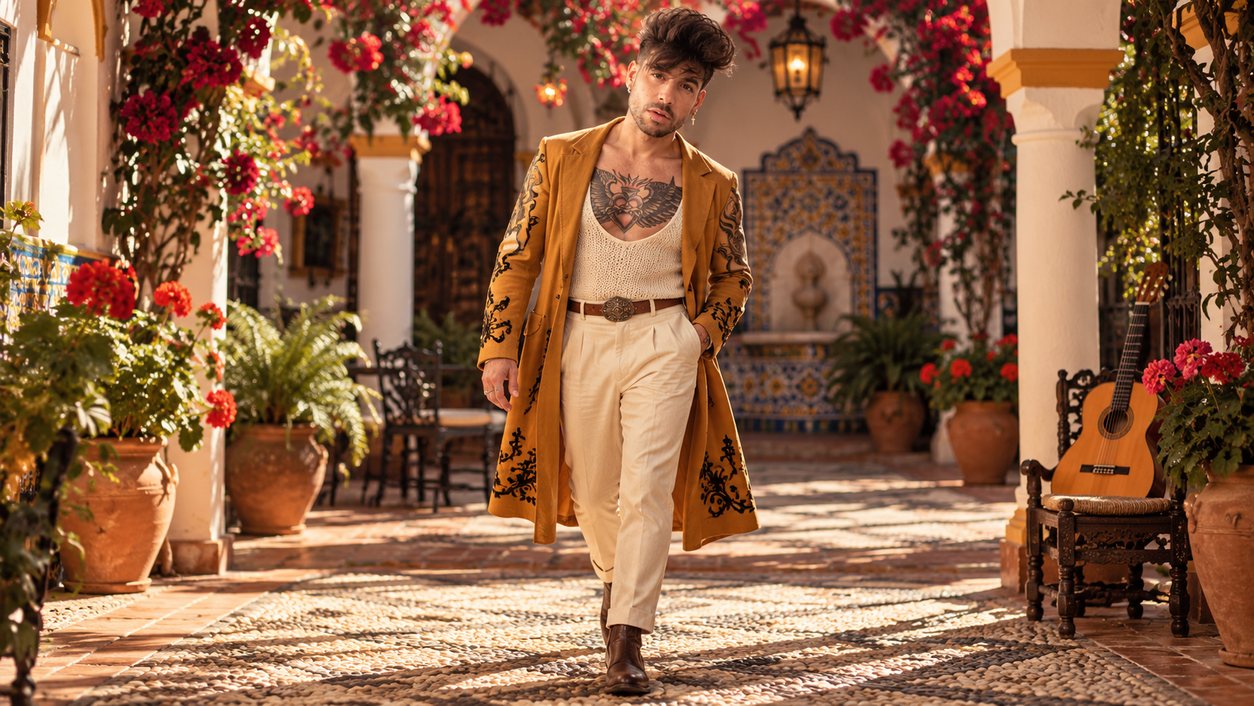 Mike Sain't Louis con gabardina mostaza estampada y pantalón crema caminando por un patio andaluz con geranios y una guitarra (serie Tupé Grease, n.º 053)