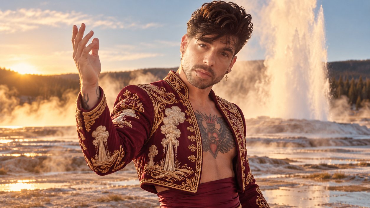 Mike Sain't Louis con chaqueta corta de terciopelo granate bordada en oro junto a un géiser humeante al atardecer (serie Tupé Grease, n.º 055)