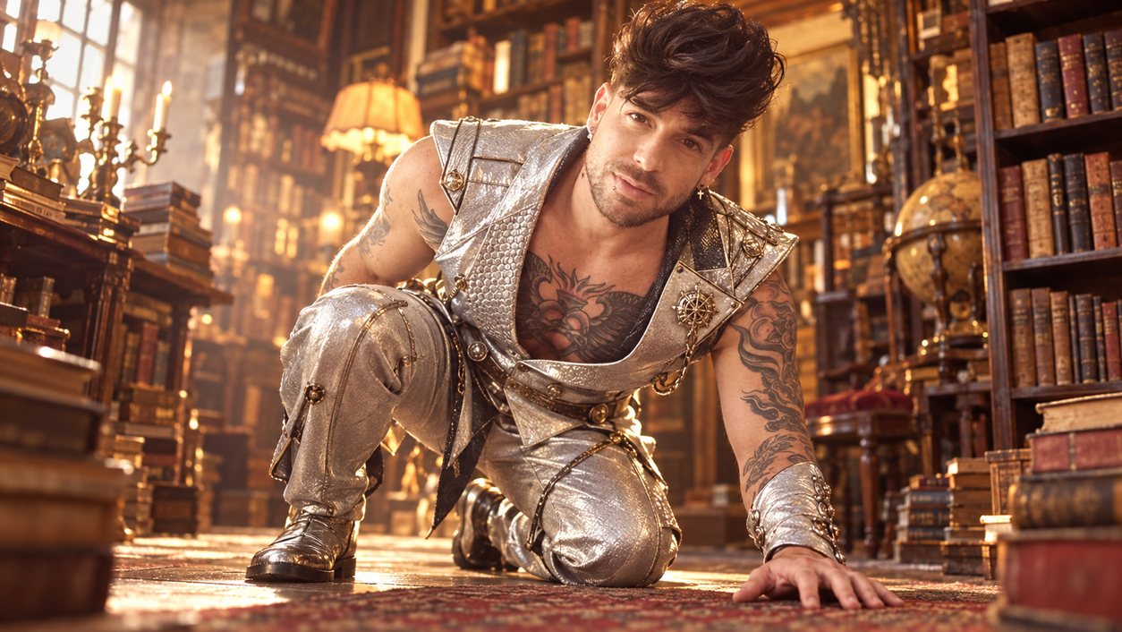 Mike Sain't Louis con chaleco y pantalón plateados arrodillado en una biblioteca antigua con globos terráqueos (serie Tupé Grease, n.º 056)