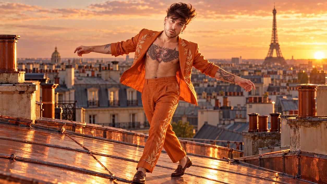 Mike Sain't Louis con traje naranja bailando sobre los tejados de París al atardecer con la torre Eiffel al fondo (serie Tupé Grease, n.º 057)