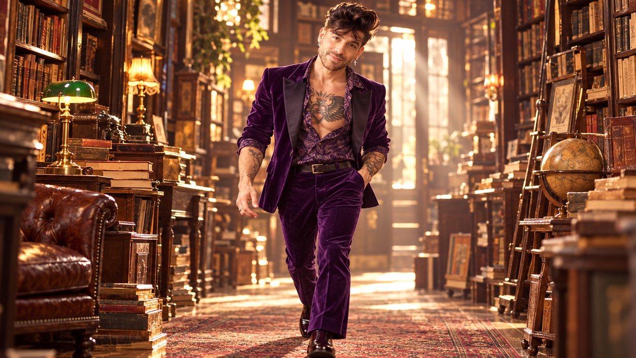 Mike Sain't Louis con traje de terciopelo morado caminando por una biblioteca antigua con lámparas verdes y un sillón de cuero (serie Tupé Grease, n.º 058)