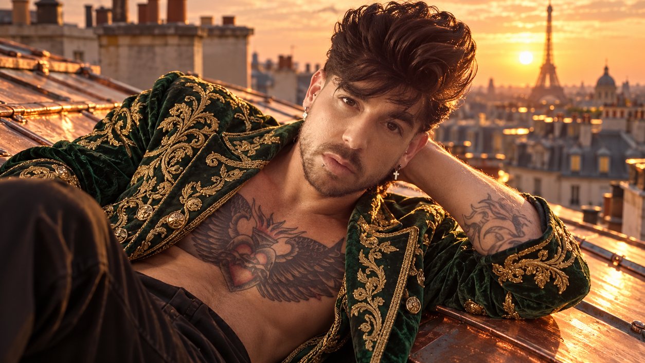 Mike Sain't Louis con chaqueta de terciopelo verde bordada en oro recostado en un tejado de París con la torre Eiffel al atardecer (serie Tupé Grease, n.º 059)