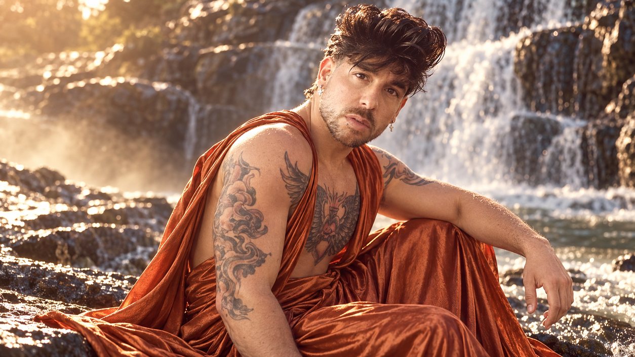 Mike Sain't Louis con túnica de satén teja sentado en las rocas junto a una cascada (serie Tupé Grease, n.º 060)