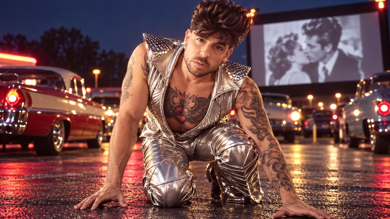 Mike Sain't Louis con chaleco y pantalón plateados agachado en un autocine de noche entre coches clásicos ante una película en blanco y negro (serie Tupé Grease, n.º 061)