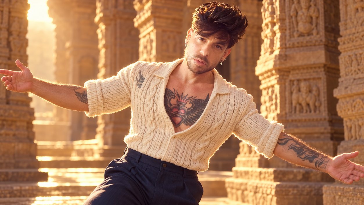Mike Sain't Louis con cárdigan crema de punto y pantalón azul marino con los brazos abiertos entre las columnas talladas de un templo de piedra (serie Tupé Grease, n.º 062)