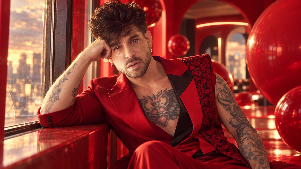 Mike Sain't Louis con traje de raso rojo recostado junto a una ventana en un salón rojo con esferas rojas y vistas a la ciudad (serie Tupé Grease, n.º 063)