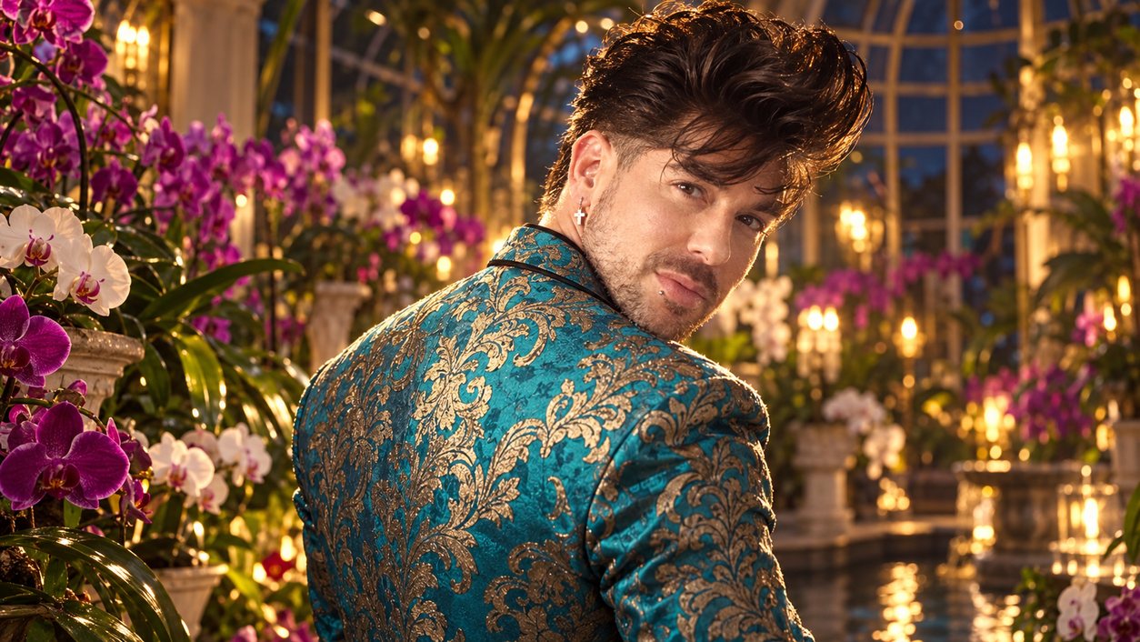Mike Sain't Louis con chaqueta de brocado turquesa y oro entre orquídeas en un invernadero iluminado con velas (serie Tupé Grease, n.º 064)