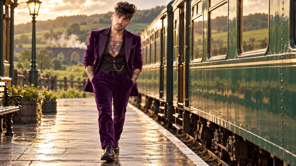 Mike Sain't Louis con traje de terciopelo morado caminando por el andén junto a un tren verde antiguo en el campo (serie Tupé Grease, n.º 065)