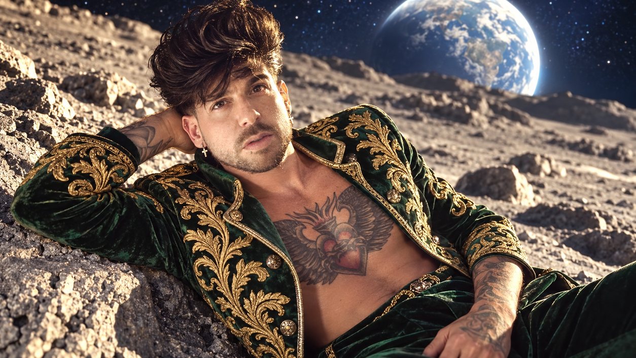 Mike Sain't Louis con chaqueta de terciopelo verde bordada en oro recostado en la superficie de la Luna con la Tierra al fondo (serie Tupé Grease, n.º 066)